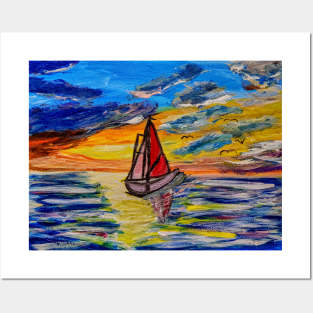 landscape painting of a boat out sailing at sunset Posters and Art